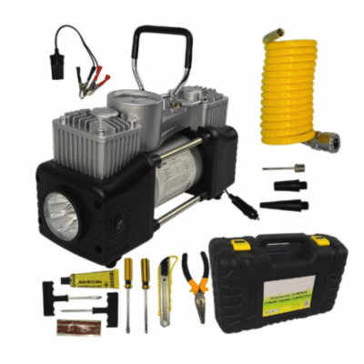 Compresor auto 12V PREMIUM 2 CILINDRII, 7 ACCESORII, LANTERNA SI TRUSA, LIDER