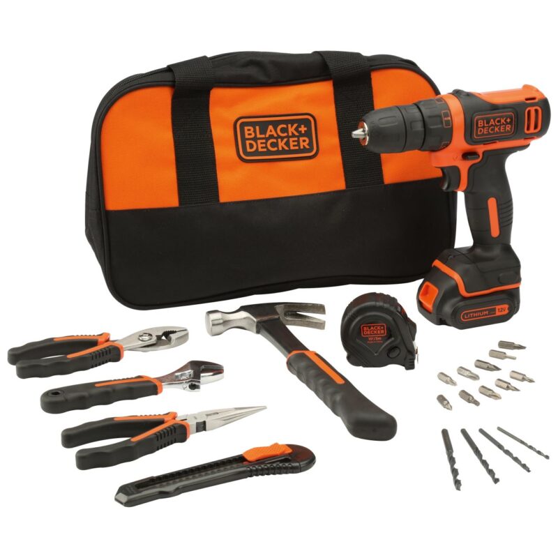 Masina de gaurit si insurubat Black&Decker cu acumulator Li-Ion 10.8V + set unelte de mana + geanta textila + biti si burghie, BDCDD12HTSA-QW - Masini de gaurit si insurubat cu acumulator - Simple Tools