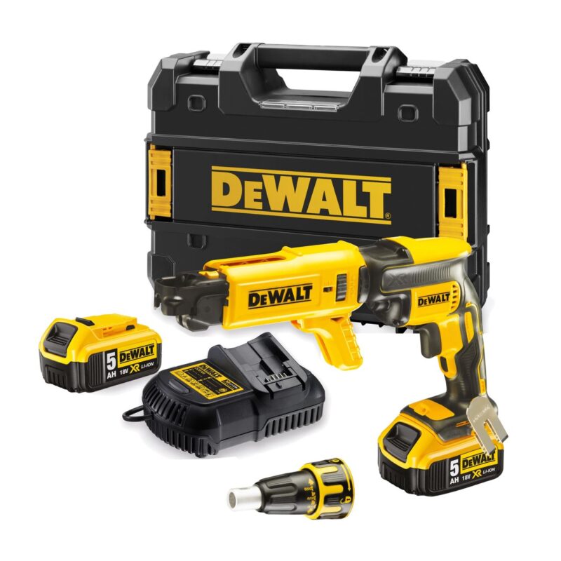 Masina de insurubat pentru gips-carton DeWalt, DCF620P2K, 2 acumulatori XR Li-ION 18 V 5.0 Ah, motor fara perii, magazie de suruburi, limitator de adancime, valiza pentru transport - Masini de gaurit si insurubat cu acumulator - Simple Tools