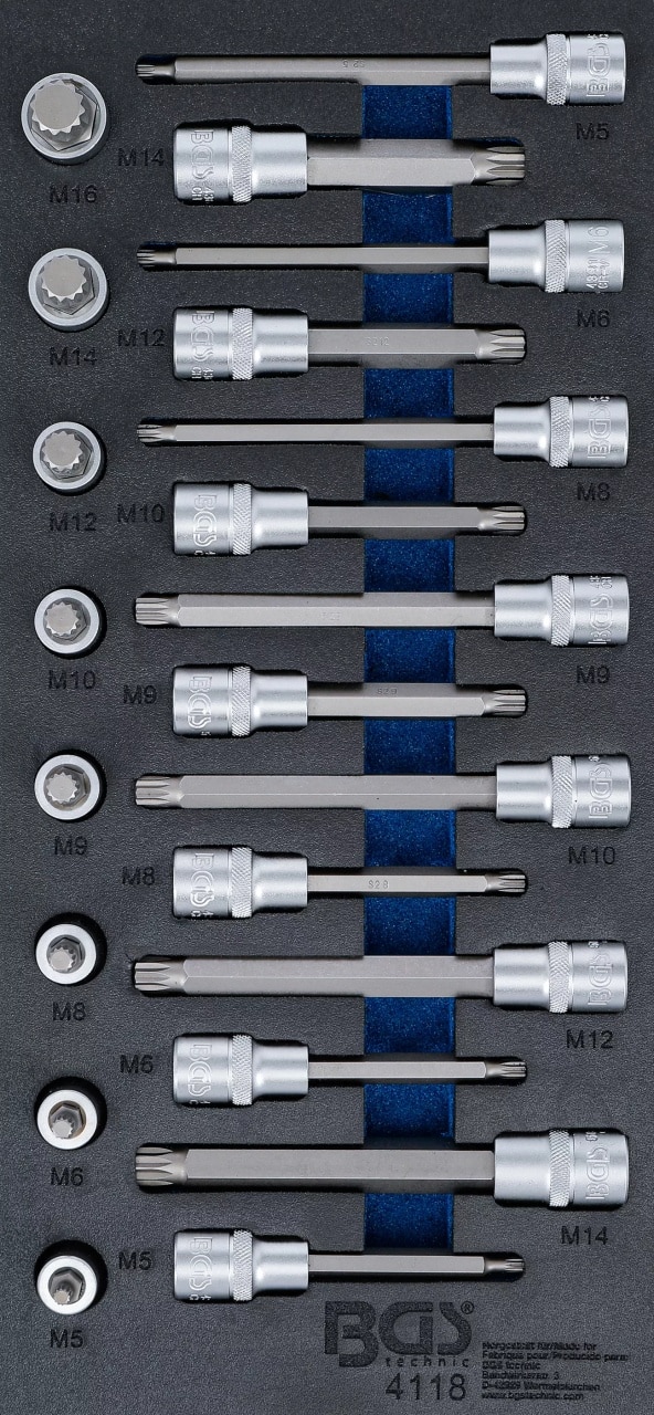 Set biţi profil Spline (XZN) M5-M16 | suport organizator 44929 pentru dulap de scule | 22 piese
