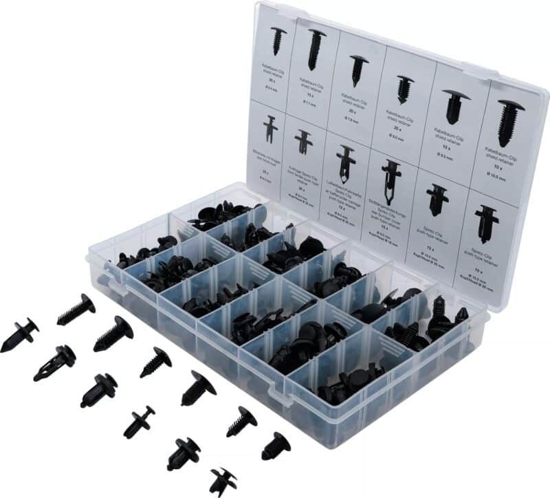 Sortiment clipsuri extensibile tip braduţ din plastic pentru fete de usi si tapiterii auto