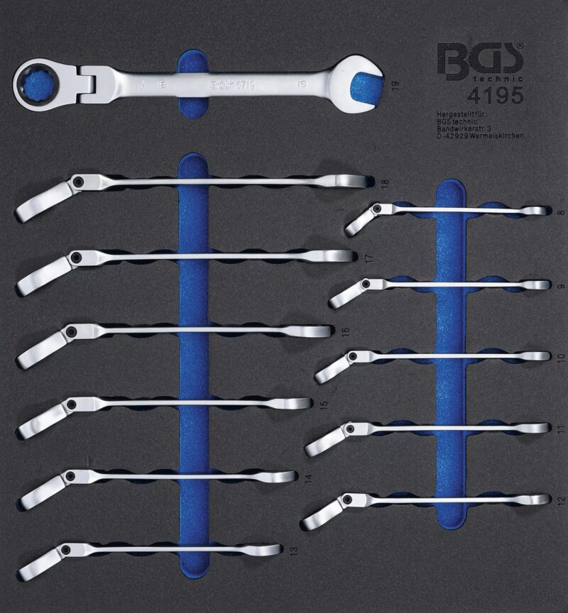 Suport organizator pentru carucior 2/3: Chei fixe inelare cu clichet articulate 8 - 19 mm Suport organizator pentru carucior 2/3: Chei fixe inelare cu clichet articulate 8 - 19 mm